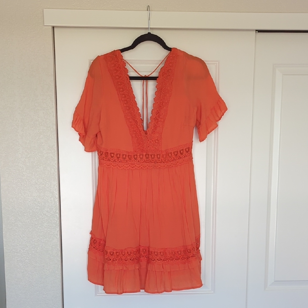Vibrant Orange Lace Trim Dress - Size L